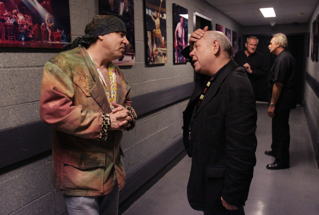 Bob Pridden (rt) and Miami Steve Van Zandt chat in the hallway backstage of Madison Square Garden following The Who's performance.
