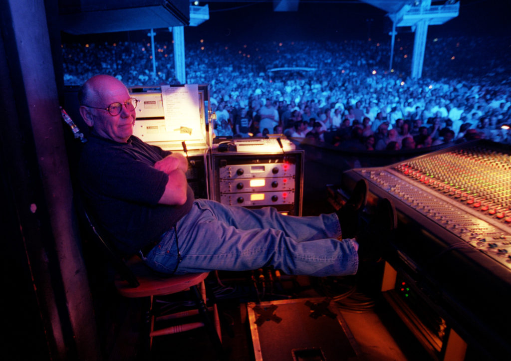 Onstage Sound Engineer Bob Pridden relaxes a little during The Who's performance in Woodlands Pavilion, Woodlands, TX.